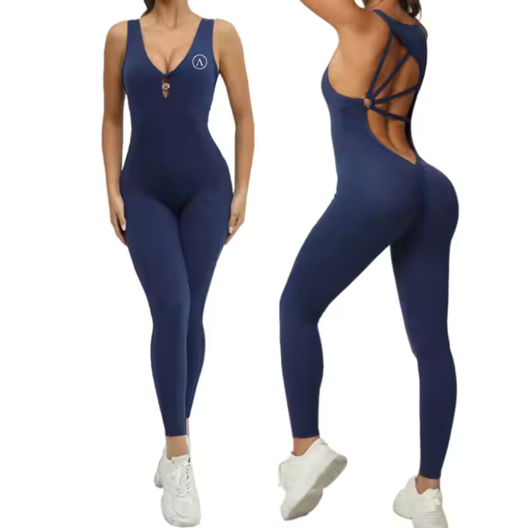 Mono deportivo azul oscuro para mujer. ideal para yoga y entrenamiento en el gimnasio